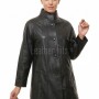 Elegant Black Leather Longline Coat - Women's High Funnel Neck Button Placket Flared Panel Mid Length Premium Fitted Winter Overcoat Garment