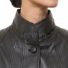 Elegant Black Leather Longline Coat - Women's High Funnel Neck Button Placket Flared Panel Mid Length Premium Fitted Winter Overcoat Garment