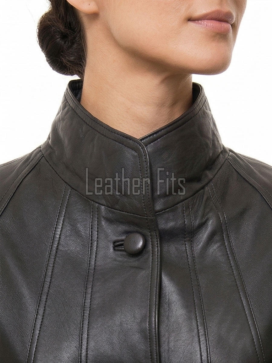 Elegant Black Leather Longline Coat - Women's High Funnel Neck Button Placket Flared Panel Mid Length Premium Fitted Winter Overcoat Garment