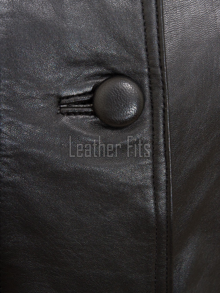 Elegant Black Leather Longline Coat - Women's High Funnel Neck Button Placket Flared Panel Mid Length Premium Fitted Winter Overcoat Garment