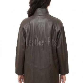 Beautiful Cocoa Brown Leather Longline Coat - Women's High Funnel Neck Button Placket Flared Panel Mid Length Premium Fitted Winter Overcoat