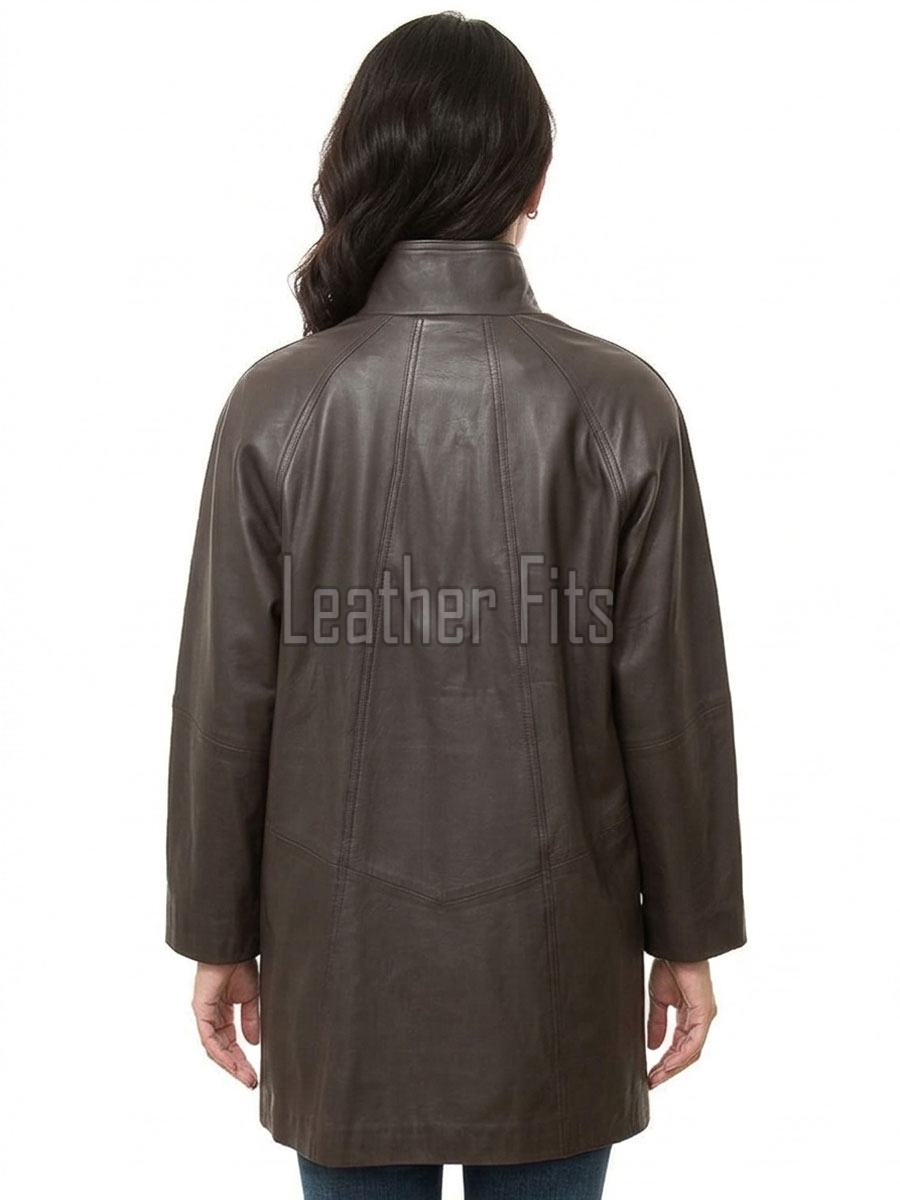 Beautiful Cocoa Brown Leather Longline Coat - Women's High Funnel Neck Button Placket Flared Panel Mid Length Premium Fitted Winter Overcoat