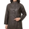 Beautiful Cocoa Brown Leather Longline Coat - Women's High Funnel Neck Button Placket Flared Panel Mid Length Premium Fitted Winter Overcoat