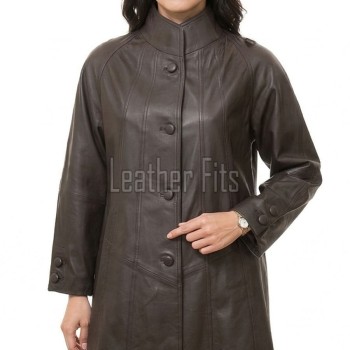 Beautiful Cocoa Brown Leather Longline Coat - Women's High Funnel Neck Button Placket Flared Panel Mid Length Premium Fitted Winter Overcoat