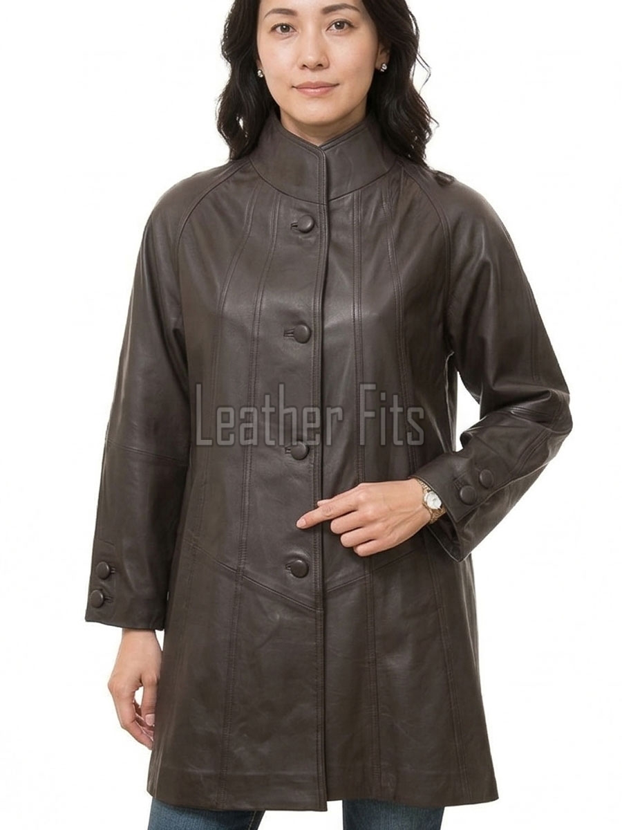 Beautiful Cocoa Brown Leather Longline Coat - Women's High Funnel Neck Button Placket Flared Panel Mid Length Premium Fitted Winter Overcoat
