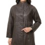 Beautiful Cocoa Brown Leather Longline Coat - Women's High Funnel Neck Button Placket Flared Panel Mid Length Premium Fitted Winter Overcoat