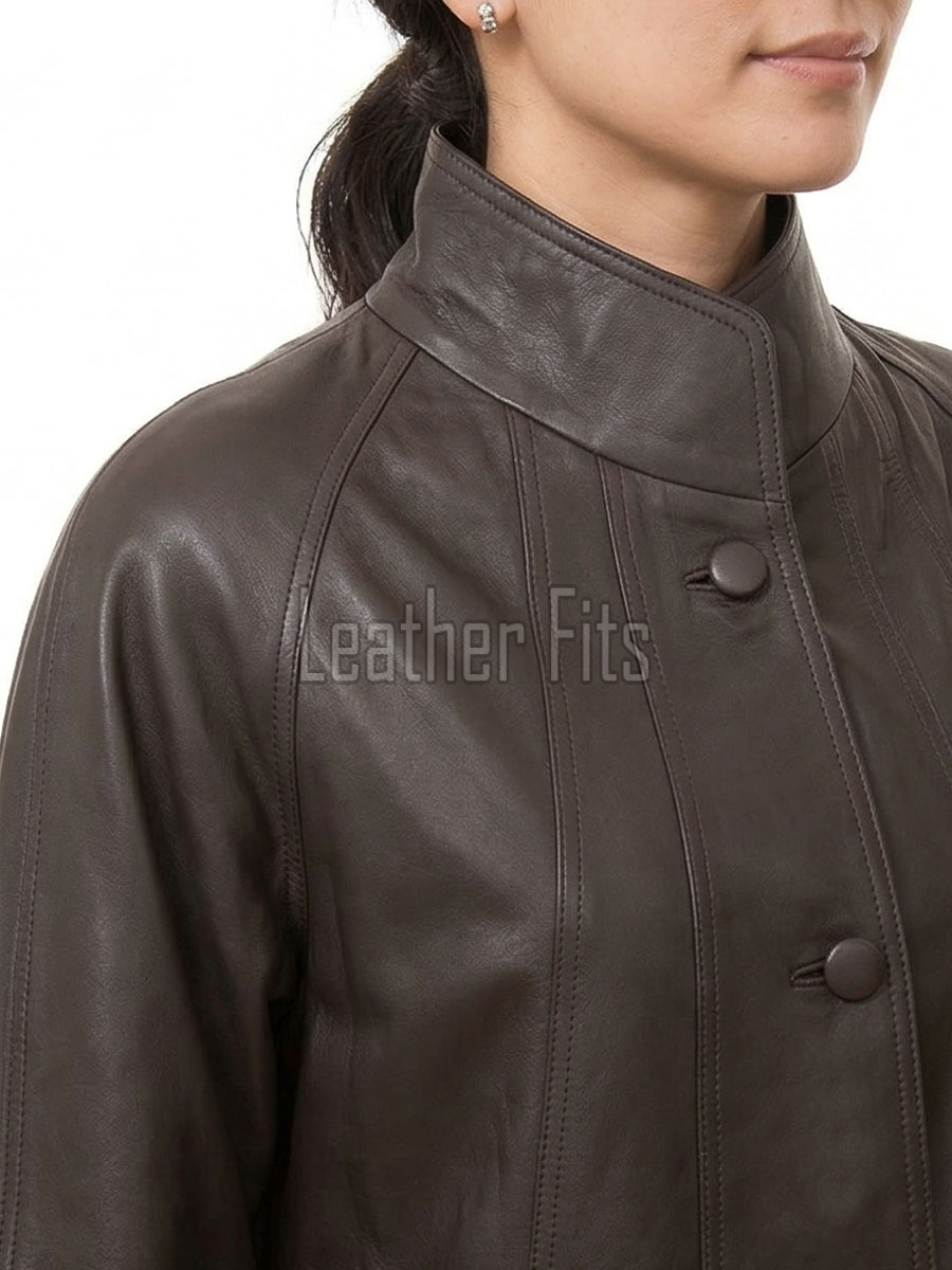 Beautiful Cocoa Brown Leather Longline Coat - Women's High Funnel Neck Button Placket Flared Panel Mid Length Premium Fitted Winter Overcoat