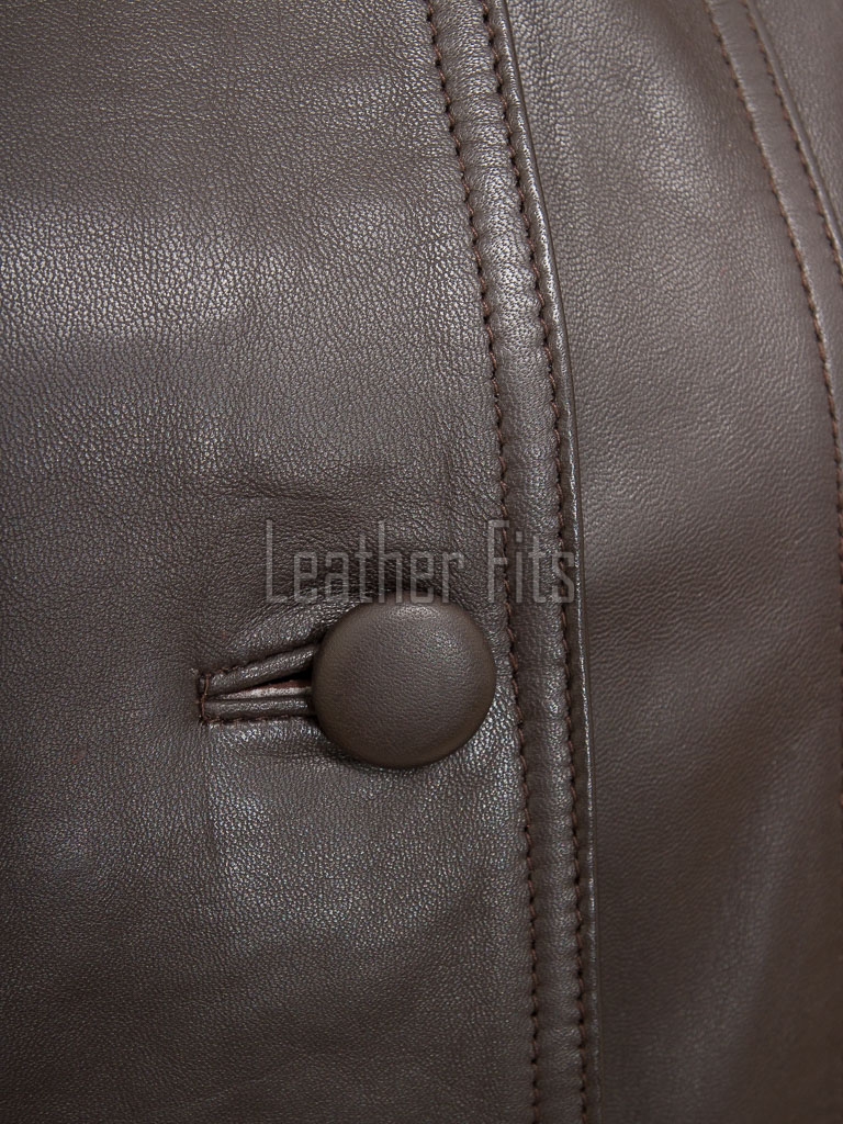 Beautiful Cocoa Brown Leather Longline Coat - Women's High Funnel Neck Button Placket Flared Panel Mid Length Premium Fitted Winter Overcoat
