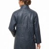 Elegant Steel Blue Leather Longline Coat - Women's High Funnel Neck Button Placket Flared Panel Mid Length Premium Fitted Winter Overcoat