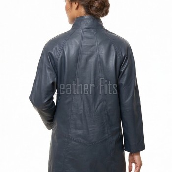 Elegant Steel Blue Leather Longline Coat - Women's High Funnel Neck Button Placket Flared Panel Mid Length Premium Fitted Winter Overcoat