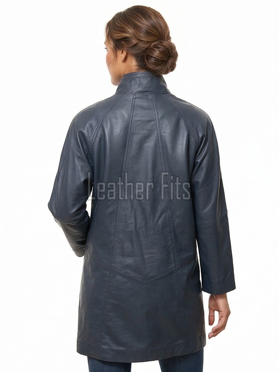 Elegant Steel Blue Leather Longline Coat - Women's High Funnel Neck Button Placket Flared Panel Mid Length Premium Fitted Winter Overcoat