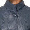 Elegant Steel Blue Leather Longline Coat - Women's High Funnel Neck Button Placket Flared Panel Mid Length Premium Fitted Winter Overcoat