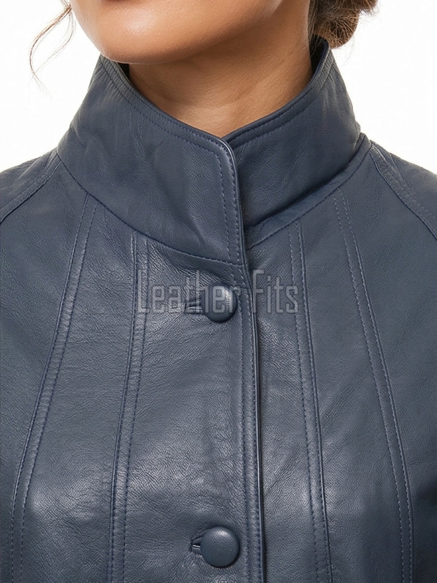 Elegant Steel Blue Leather Longline Coat - Women's High Funnel Neck Button Placket Flared Panel Mid Length Premium Fitted Winter Overcoat