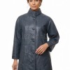 Elegant Steel Blue Leather Longline Coat - Women's High Funnel Neck Button Placket Flared Panel Mid Length Premium Fitted Winter Overcoat