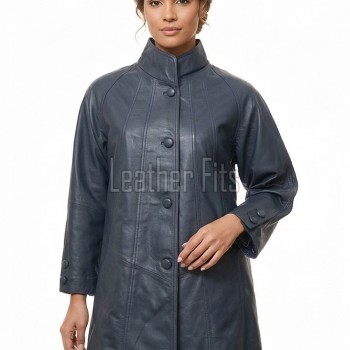 Elegant Steel Blue Leather Longline Coat - Women's High Funnel Neck Button Placket Flared Panel Mid Length Premium Fitted Winter Overcoat