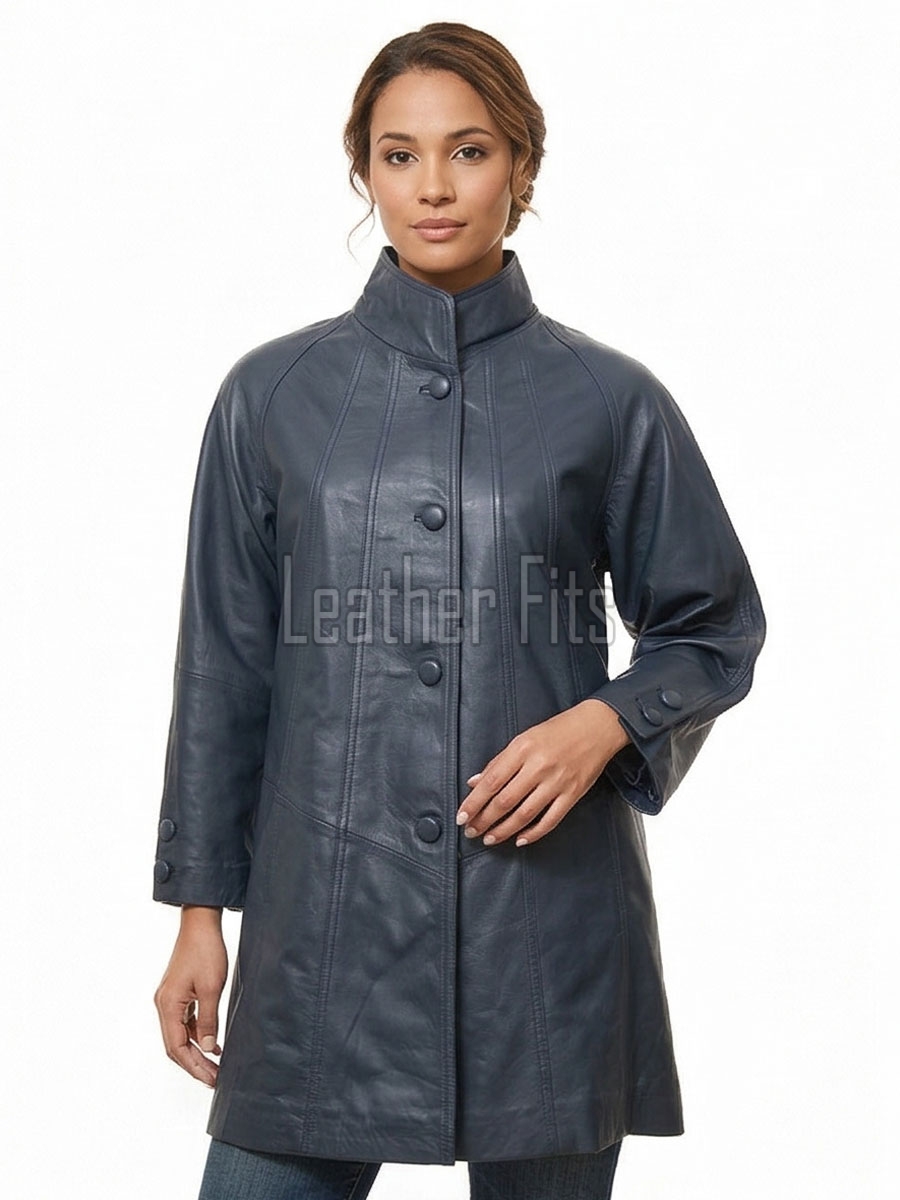 Elegant Steel Blue Leather Longline Coat - Women's High Funnel Neck Button Placket Flared Panel Mid Length Premium Fitted Winter Overcoat