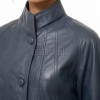 Elegant Steel Blue Leather Longline Coat - Women's High Funnel Neck Button Placket Flared Panel Mid Length Premium Fitted Winter Overcoat