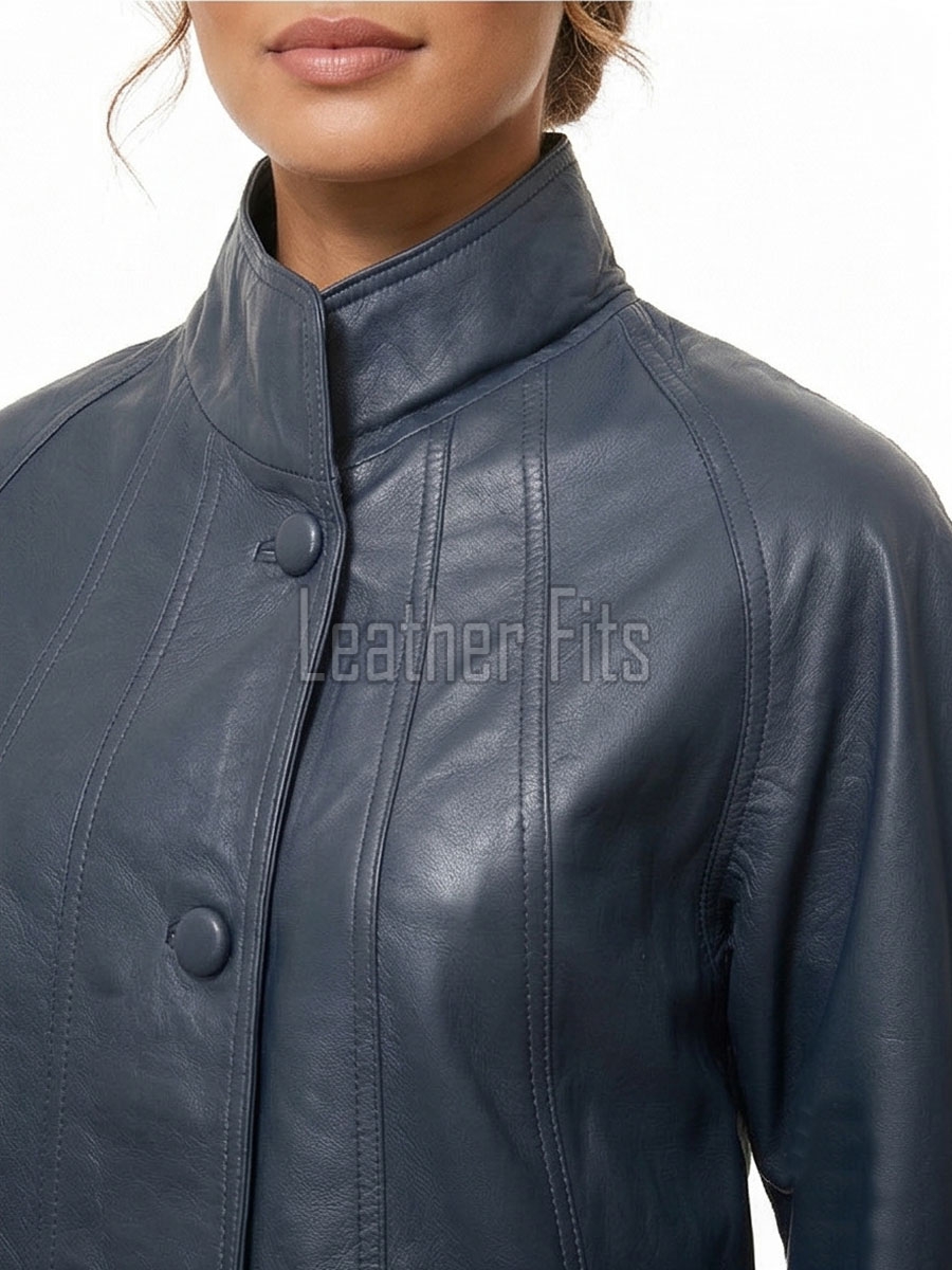 Elegant Steel Blue Leather Longline Coat - Women's High Funnel Neck Button Placket Flared Panel Mid Length Premium Fitted Winter Overcoat