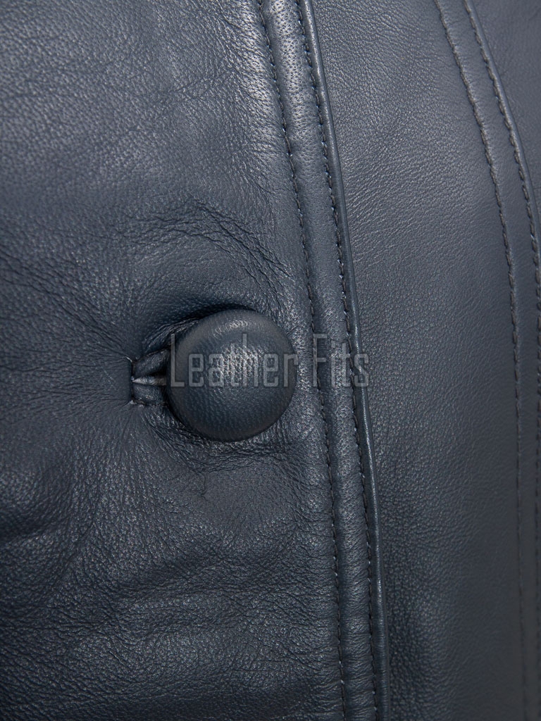 Elegant Steel Blue Leather Longline Coat - Women's High Funnel Neck Button Placket Flared Panel Mid Length Premium Fitted Winter Overcoat