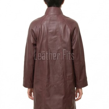 Beautiful Burgundy Leather Longline Coat - Women's High Funnel Neck Button Placket Flared Panel Mid Length Premium Fitted Winter Overcoat Design