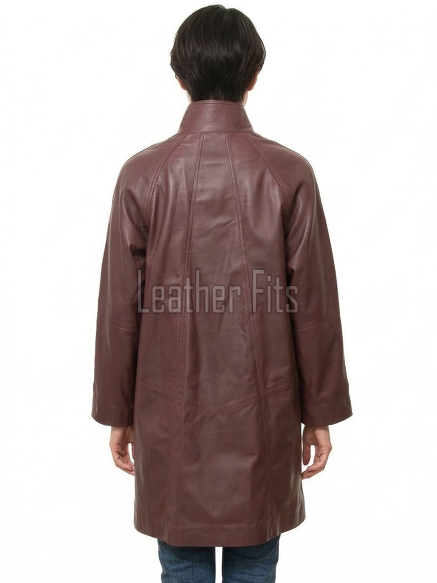 Beautiful Burgundy Leather Longline Coat - Women's High Funnel Neck Button Placket Flared Panel Mid Length Premium Fitted Winter Overcoat Design