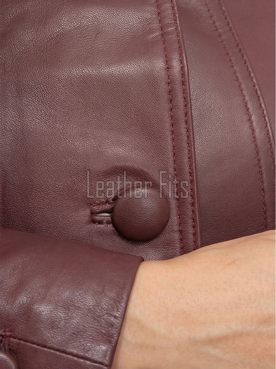Beautiful Burgundy Leather Longline Coat - Women's High Funnel Neck Button Placket Flared Panel Mid Length Premium Fitted Winter Overcoat Design