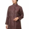 Beautiful Burgundy Leather Longline Coat - Women's High Funnel Neck Button Placket Flared Panel Mid Length Premium Fitted Winter Overcoat Design