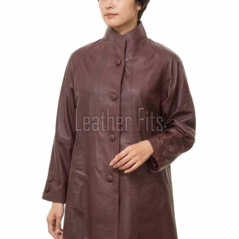 Beautiful Burgundy Leather Longline Coat - Women's High Funnel Neck Button Placket Flared Panel Mid Length Premium Fitted Winter Overcoat Design
