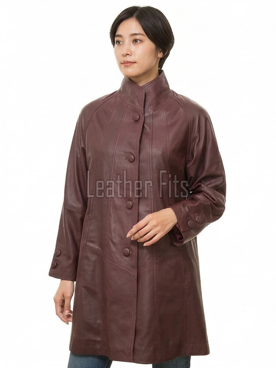 Beautiful Burgundy Leather Longline Coat - Women's High Funnel Neck Button Placket Flared Panel Mid Length Premium Fitted Winter Overcoat Design