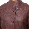 Beautiful Burgundy Leather Longline Coat - Women's High Funnel Neck Button Placket Flared Panel Mid Length Premium Fitted Winter Overcoat Design