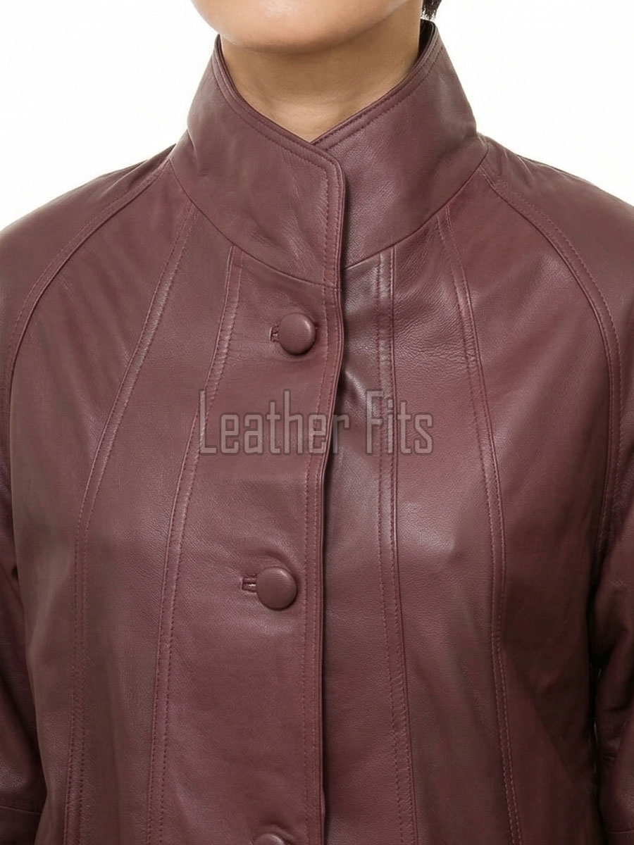 Beautiful Burgundy Leather Longline Coat - Women's High Funnel Neck Button Placket Flared Panel Mid Length Premium Fitted Winter Overcoat Design