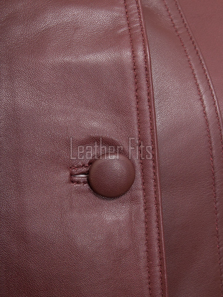 Beautiful Burgundy Leather Longline Coat - Women's High Funnel Neck Button Placket Flared Panel Mid Length Premium Fitted Winter Overcoat Design