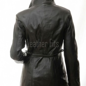 Majestic Onyx Black Leather Long Trench Coat - Women's Off Center Asymmetric Zip Flared Waist Belted Premium Fitted Urban Winter Overcoat