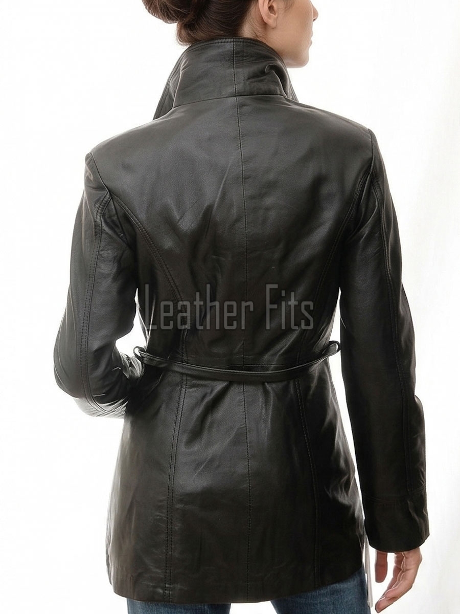 Majestic Onyx Black Leather Long Trench Coat - Women's Off Center Asymmetric Zip Flared Waist Belted Premium Fitted Urban Winter Overcoat