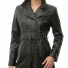 Majestic Onyx Black Leather Long Trench Coat - Women's Off Center Asymmetric Zip Flared Waist Belted Premium Fitted Urban Winter Overcoat