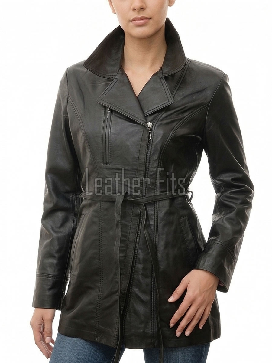 Majestic Onyx Black Leather Long Trench Coat - Women's Off Center Asymmetric Zip Flared Waist Belted Premium Fitted Urban Winter Overcoat