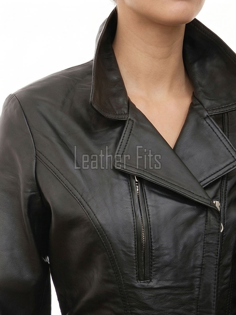 Majestic Onyx Black Leather Long Trench Coat - Women's Off Center Asymmetric Zip Flared Waist Belted Premium Fitted Urban Winter Overcoat