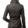 Espresso Brown Leather Long Trench Coat - Women's Off Center Asymmetric Zip Flared Waist Belted Premium Fitted Winter Overcoat
