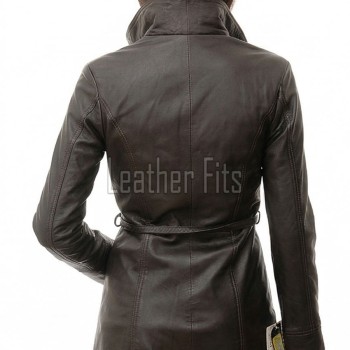 Espresso Brown Leather Long Trench Coat - Women's Off Center Asymmetric Zip Flared Waist Belted Premium Fitted Winter Overcoat