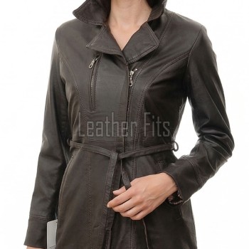 Espresso Brown Leather Long Trench Coat - Women's Off Center Asymmetric Zip Flared Waist Belted Premium Fitted Winter Overcoat