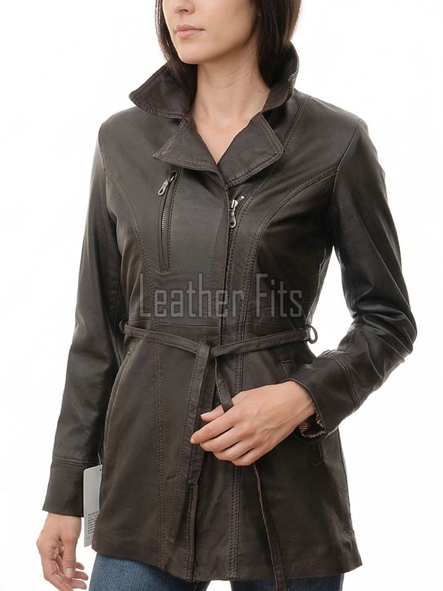 Espresso Brown Leather Long Trench Coat - Women's Off Center Asymmetric Zip Flared Waist Belted Premium Fitted Winter Overcoat