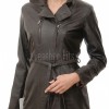 Espresso Brown Leather Long Trench Coat - Women's Off Center Asymmetric Zip Flared Waist Belted Premium Fitted Winter Overcoat