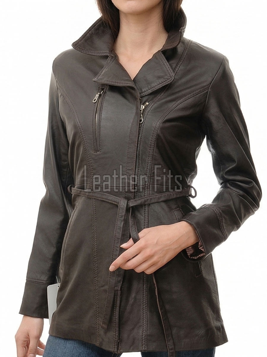Espresso Brown Leather Long Trench Coat - Women's Off Center Asymmetric Zip Flared Waist Belted Premium Fitted Winter Overcoat