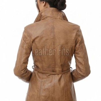Pristine Sculpted Collar Brown Leather Long Coat — belted trench long coat with asymmetric zip, tailored feminine silhouette, premium soft cowhide finish