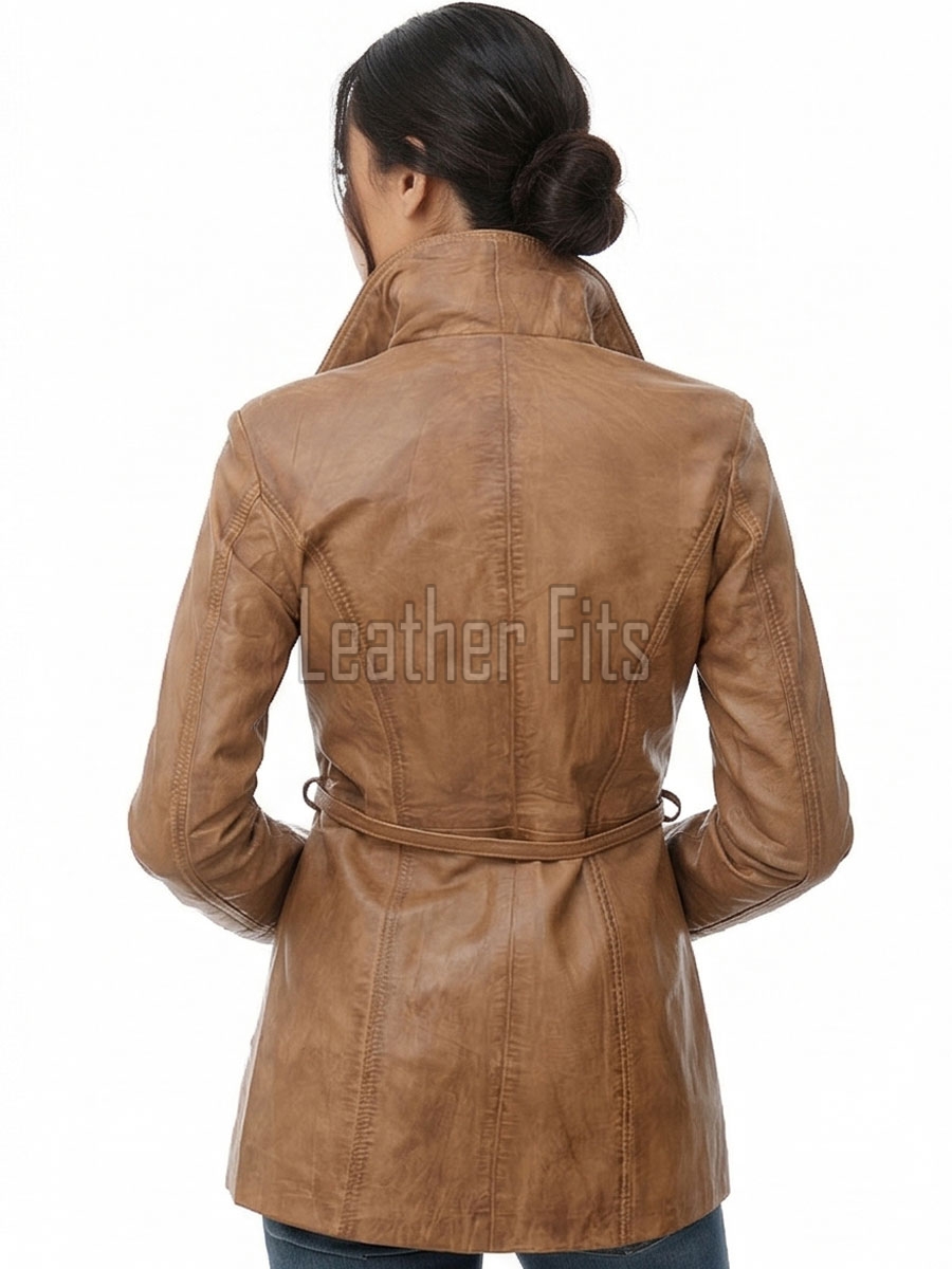 Pristine Sculpted Collar Brown Leather Long Coat — belted trench long coat with asymmetric zip, tailored feminine silhouette, premium soft cowhide finish