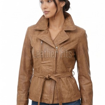 Pristine Sculpted Collar Brown Leather Long Coat — belted trench long coat with asymmetric zip, tailored feminine silhouette, premium soft cowhide finish
