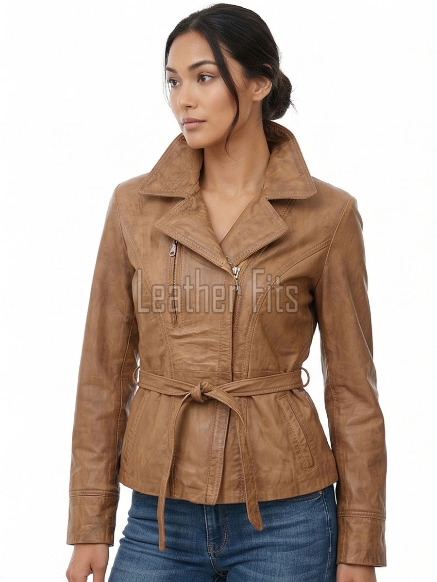 Pristine Sculpted Collar Brown Leather Long Coat — belted trench long coat with asymmetric zip, tailored feminine silhouette, premium soft cowhide finish