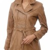 Pristine Sculpted Collar Brown Leather Long Coat — belted trench long coat with asymmetric zip, tailored feminine silhouette, premium soft cowhide finish