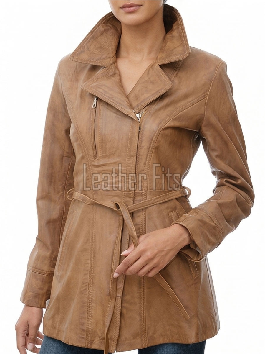 Pristine Sculpted Collar Brown Leather Long Coat — belted trench long coat with asymmetric zip, tailored feminine silhouette, premium soft cowhide finish