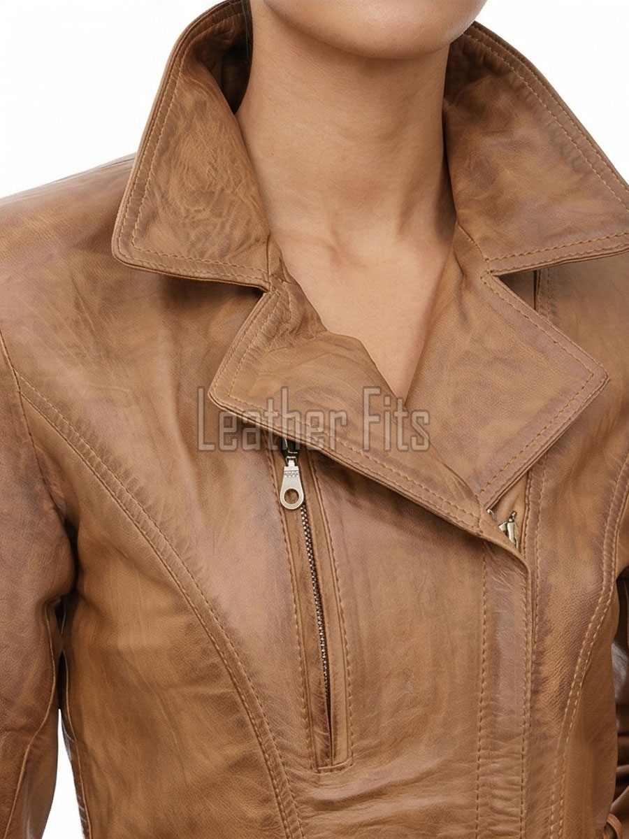 Pristine Sculpted Collar Brown Leather Long Coat — belted trench long coat with asymmetric zip, tailored feminine silhouette, premium soft cowhide finish